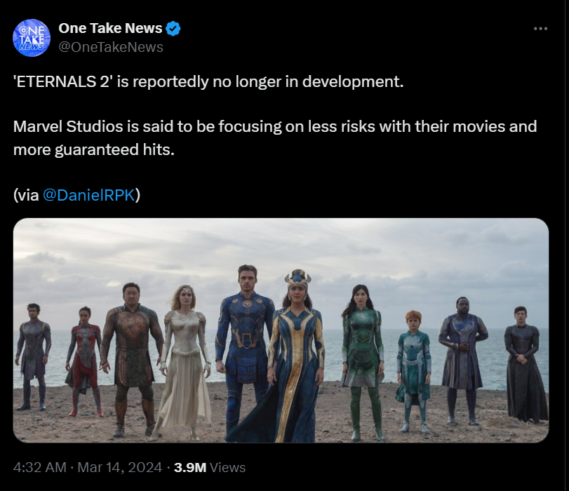 Eternals 2 scrapped by Marvel Studios in bid to produce less risk films