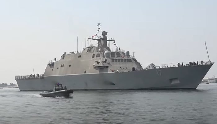 US Navy Ship USS INDIANAPOLIS, Freedom Class Littoral Combat Ship (LCS) visits Karachi Port in this still taken from a video. — YouTube/@PakistanNavy