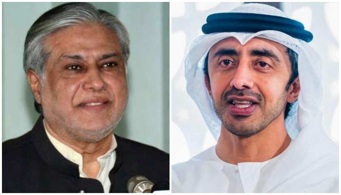 Foreign Minister Senator Ishaq Dar (left), and his UAE counterpart Sheikh Abdullah bin Zayed Al Nahyan. — AFP/mofa.gov.ae