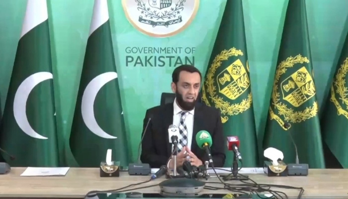 Federal Minister for Information & Broadcasting Attaullah Tarar is addressing the media in Islamabad on March 15, 2024. —Screengrab/PTV News