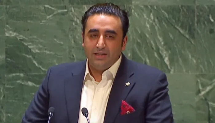Former Foreign Minister Bilawal Bhutto-Zardari addresses a special high-level meeting to commemorate International Day to Combat Islamophobia at the UN on March 10, 2023, in this still taken from a video. — YouTube/Geo News