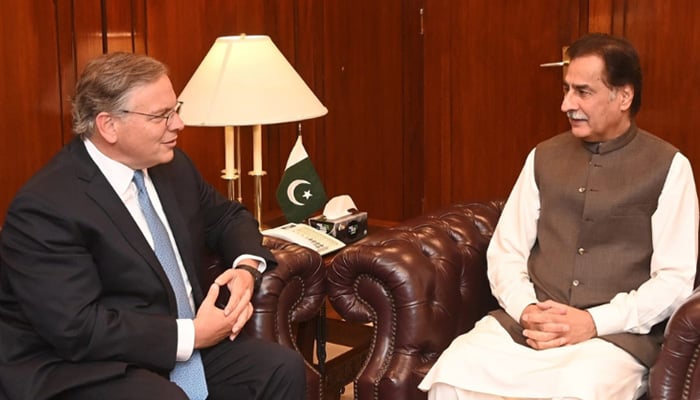 US Ambassador to Pakistan Donald Blome (left) meets National Assembly Speaker Sardar Ayaz Sadiq on March 16, 2024. — APP