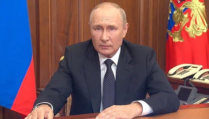 This image shows Russian President Vladimir Putin speaking during a televised address to the nation in Moscow. — AFP/File