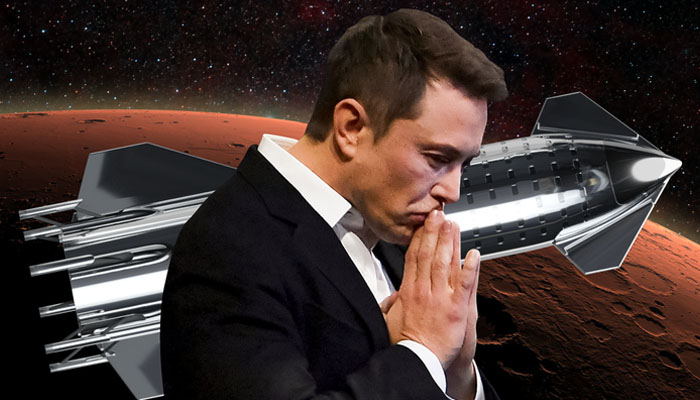 Elon Musk gestures during a gathering with an illustration of SpaceX rocket and Mars as the backdrop. — Nasa/Business Insider/File