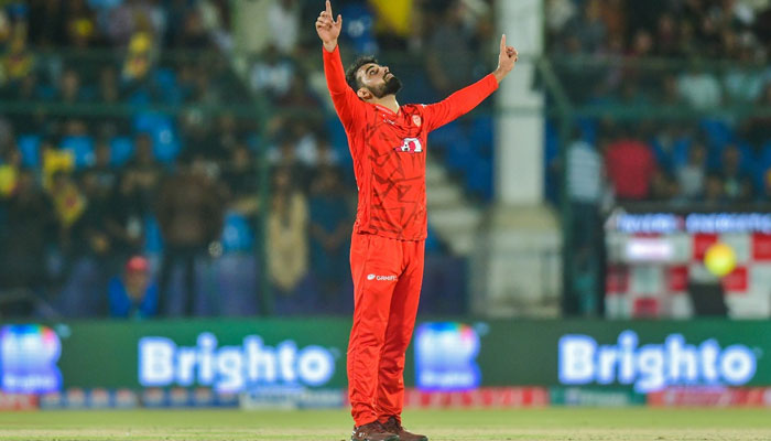 Islamabad United Captain Shadab Khan celebrating after a wicket against Multan Sultans in the final of PSL 9 on March 18, 2024.—X@PSL