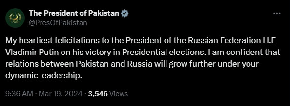 Screengrab of the post made by President House on X. — X/@PresOfPakistan