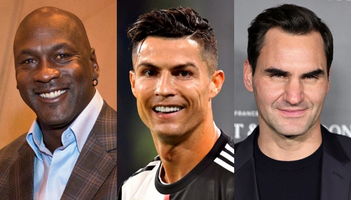 Michael Jordon (left), Cristiano Ronaldo (centre) and Roger Federer. — Wikipedia/AFP/People