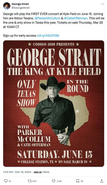 George Strait announces first and only concert in Texas this year