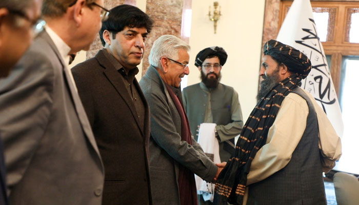 Defence Minister Khawaja Asif and DG ISI Lt Gen Nadeem Anjum and others meet Afghanistans acting Deputy Prime Minister Mullah Abdul Ghani Baradar on February 22, 2023. — X/@FDPM_AFG