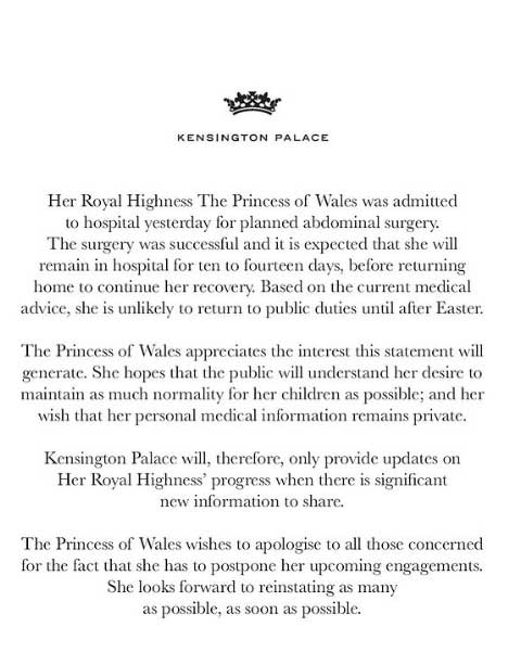 Palace statement on Kate Middletons health condition, potential return to royal duties