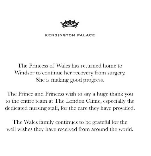 Palace statement on Kate Middletons health condition, potential return to royal duties