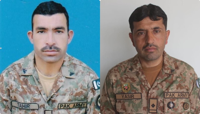 Pakistan army soldiers, Naib Subedar Yasir Shakeel (right) and Sepoy Tahir Naveed (left) can be seen in this collage of their file photos. —ISPR