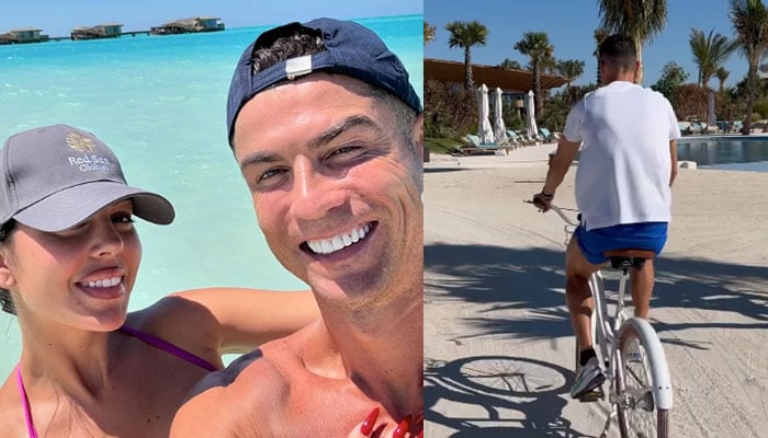 Georgina Rodriguez shares glimpses of Cristiano Ronaldo cycling on Saudi beach. — Instagram/@georginagio