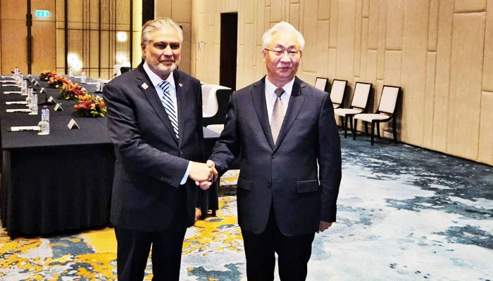 Foreign Minister Ishaq Dar (left) greets Chinese Vice-Premier Zhang Guoqing in Brussels on March 22, 2024. — APP