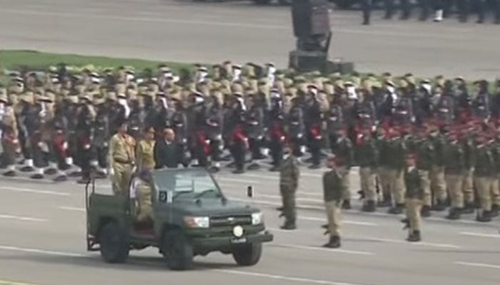 President Asif Zardari observes the military parade on March 23, 2024, in this still taken from a video. — YouTube/Hum News Live