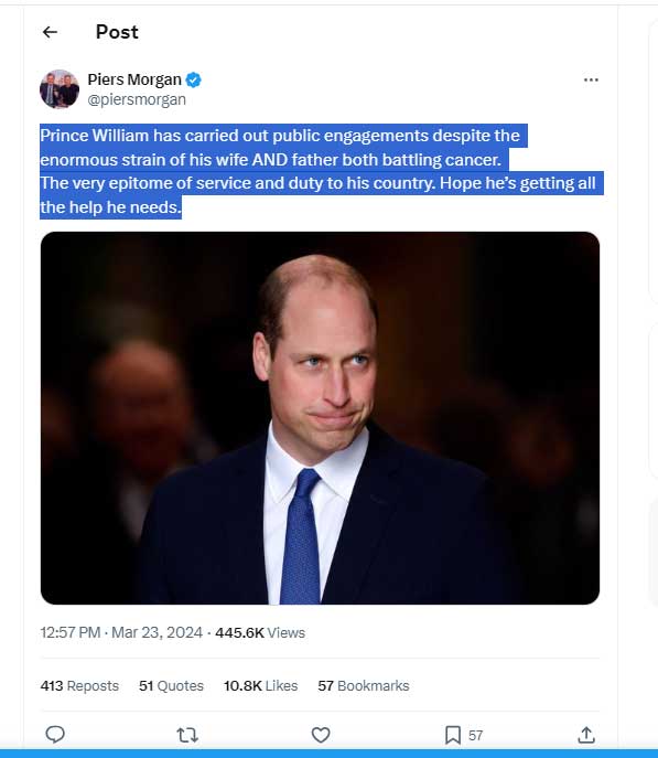 Piers Morgan pays special tribute to future King Prince William