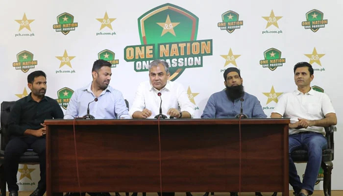 Pakistan Cricket Board (PCB) Chairman Mohsin Naqvi holding a press conference in Lahore. — PCB