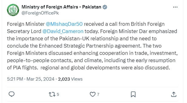 Screenshot of tweet posted by Ministry of Foreign Affairs regarding Foreign Minister Ishaq Dar and his British counterpart David Cameron’s conversation. — X/ForeignOfficePk