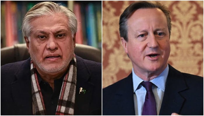 Foreign Minister Ishaq Dar (left), and British Foreign Secretary David Cameron. — AFP