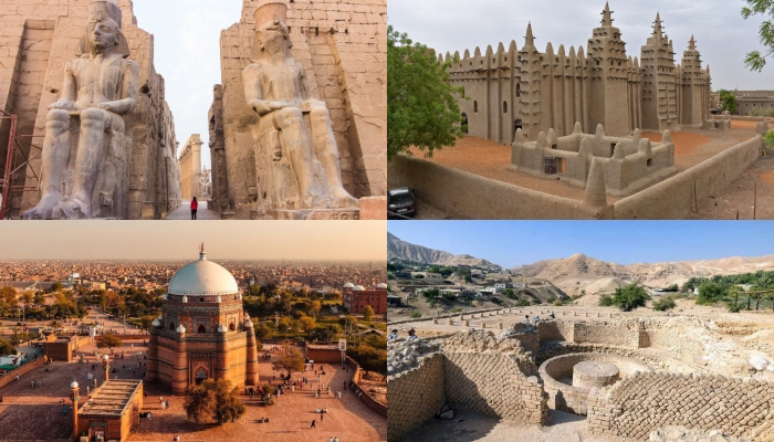 The image shows a combination of pictures, from (top left) Luxor, Djenne, Multan and Jericho.— Field Study of the World/Facts.net/ Enchanting Travels