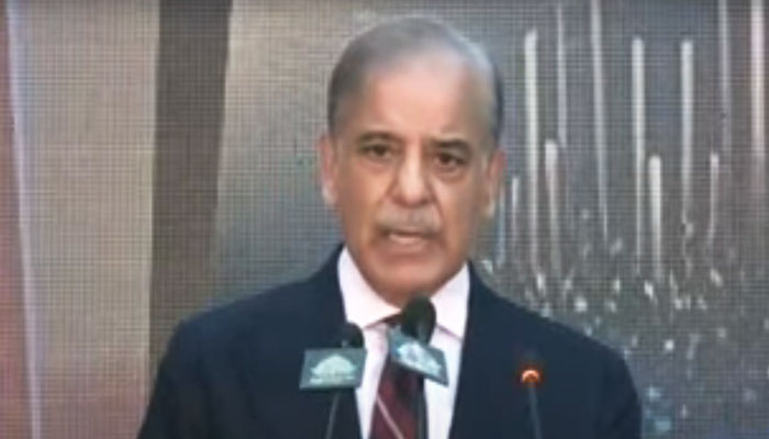 Prime Minister Shehbaz Sharif addresses an event in Islamabad on March 26, 2024, in this still taken from a video. — YouTube/Geo News Live