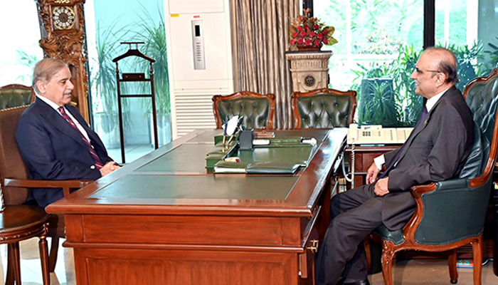 Prime Minister Shehbaz Sharif calls on President Asif Ali Zardari. — X/MediaCellPPP