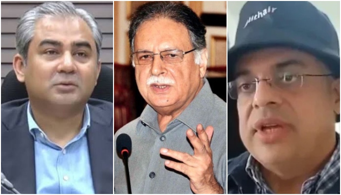 Interior Minister Mohsin Naqvi (left), PML-N leader Pervaiz Rasheed (centre), and Ahad Cheema. — APP/Geo News