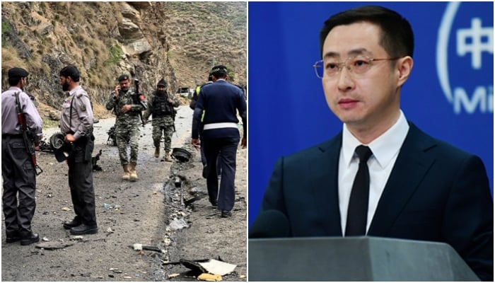 Chinese Foreign Ministry Spokesperson Lin Jian (right) addresses the press conference on March 27, 2024, and security officials inspecting site of the attack near Khyber Pakhtunkhwa’s Bisham city on March 26, 2024. — Chinese foreign ministry/AFP