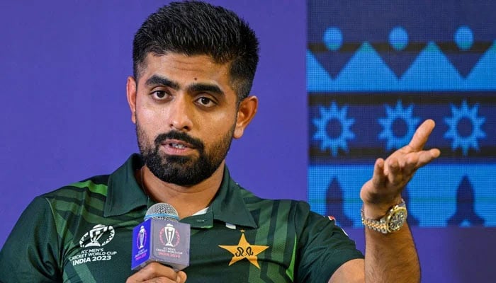 Babar Azam responding to questions during Captains Day media event in Ahmedabad, India on October 4, 2023. — X/@TheRealPCB