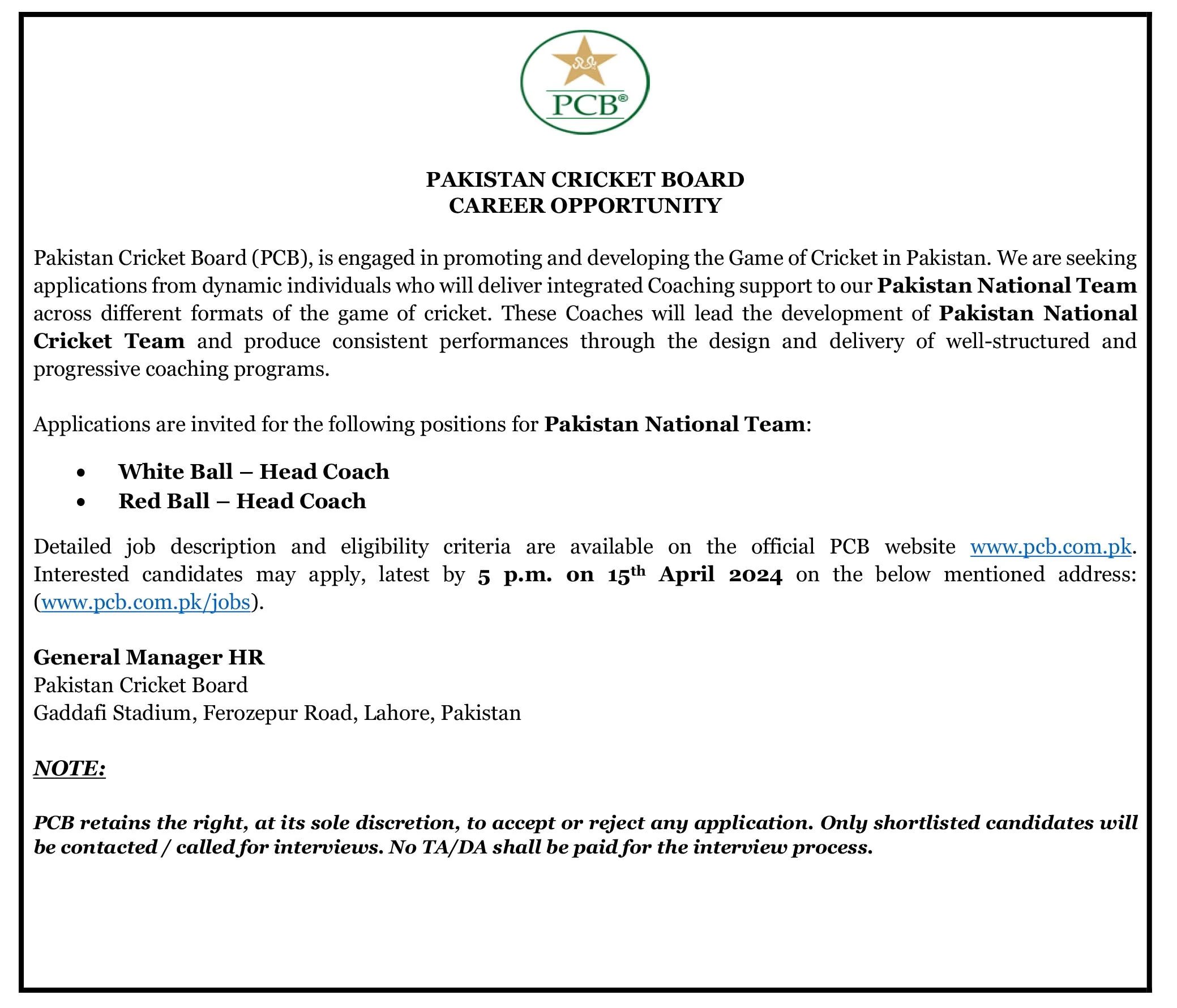 PCBs advertisement for the head coach positions. — PCB website