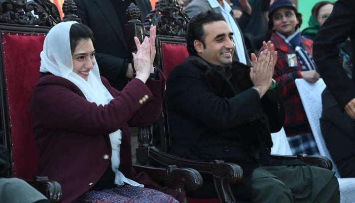 PPP Chairman Bilawal Bhutto Zardari (right) and his sister Aseefa Bhutto Zardari (left) attend the partys election campaign rally on January 21, 2024. —Facebook/ PPP