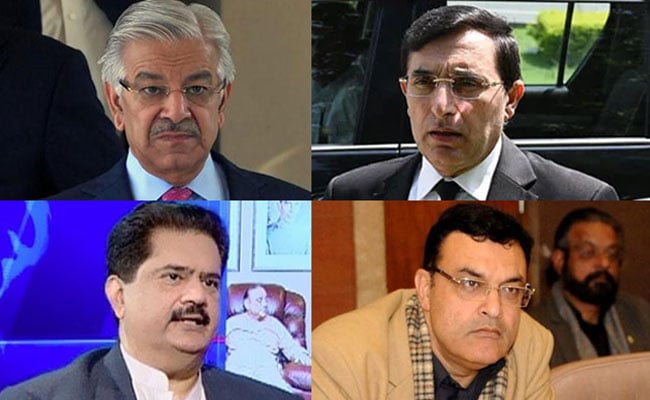 Clockwise from top left: Defence Minister Khawaja Asif, PTI chief Barrister Gohar Khan, JUI-F MNA Noor Alam Khan and PPP leader Nabil Gabol. — AFP/APP/File