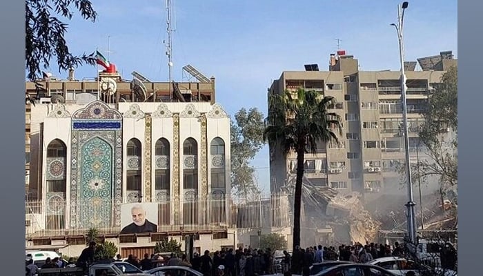 A destroyed building of the Iranian Embassy in Damascus Syria can be seen in this image released on April 1, 2-24, after what Iranian media calls a missile attack on its building. — Mehr News Agency