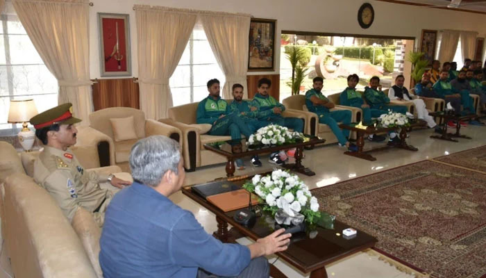 Pakistan Cricket Board (PCB) Chairman Mohsin Naqvi meets players of the national mens team at the Pakistan Military Academy in Kakul on April 1, 2024. — PCB