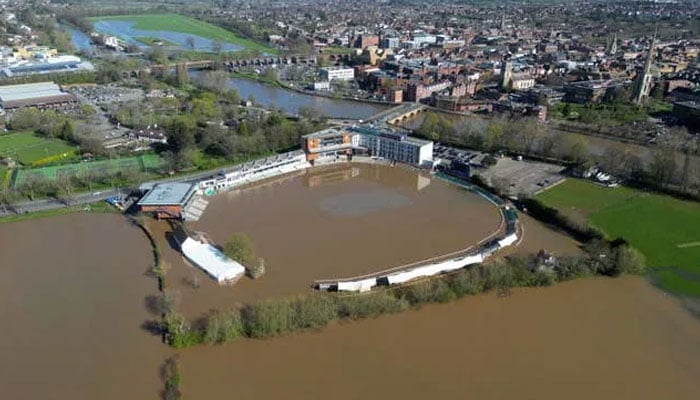 England sees wettest 18 months on record since 1836. (An aerial view showing a flooded New Road Cricket Club, home of Worcestershire CCC, in Worcester at the end of March. — PA Media )