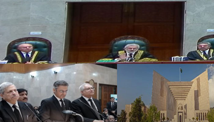 The seven-member Supreme Court bench is headed by Chief Justice Qazi Faez conducting the hearing of suo motu notice on April 3, 2024, in this still taken from a video of the live proceedings. — YouTube/Supreme Court of Pakistan