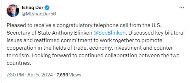 In first phone call, FM Dar, Blinken reaffirm commitment to promote cooperation against terrorism
