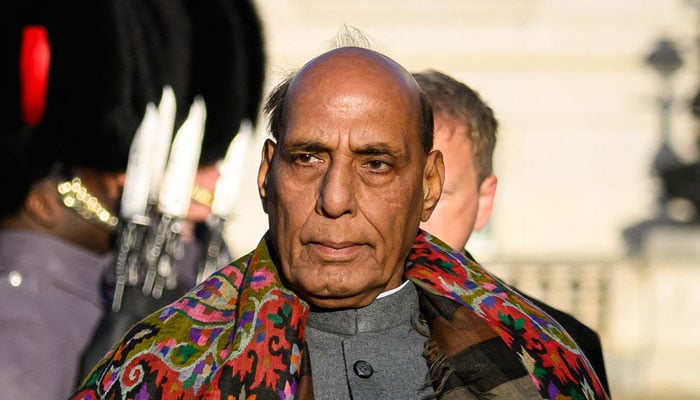 India´s Defence Minister Rajnath Singh inspects a ceremonial Guard of Honour at Horse Guards Parade in central London on January 9, 2024. — AFP
