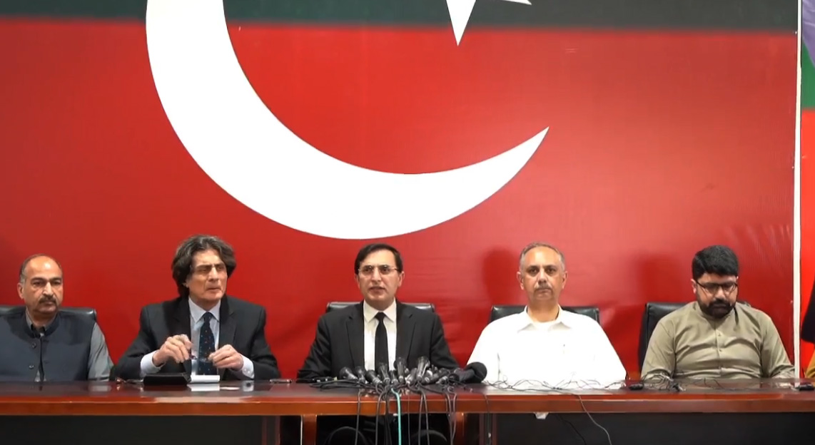 PTI Chairman Gohar Ali Khan (centre), Secretary General Omar Ayub Khan (centre-right), and Secretary Information Raoof Hasan (centre-left) address the press conference on March 12, 2024 in this still taken from a video. — Facebook/@PTIPunjabPK