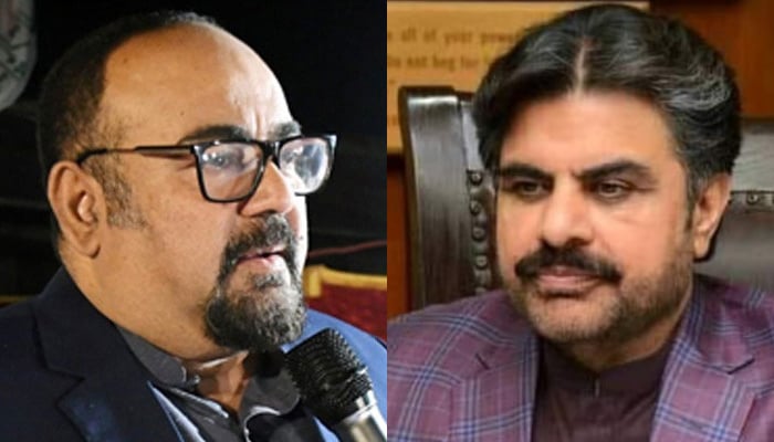 Muttahida Qaumi Movement-Pakistan (MQM-P) leader Khajawa Izharul Hassan (left) and Sindh Minister for Department of Energy, Planning and Development Nasir Hussain Shah. — Facebook/MQM-P/Nasir Hussain Shah/File