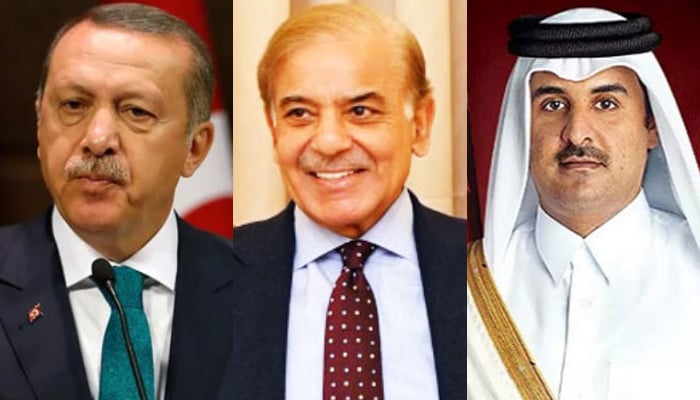 (From left to right) Turkish President Recep Tayyip Erdogan,Prime Minister Shehbaz Sharif and Qatar’s Emir Sheikh Tamim bin Hamad Al Thani. — Radio Pakistan/AFP/File