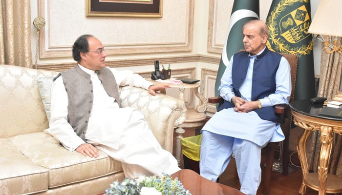 Finance Minister Muhammad Aurangzeb (left) meets Prime Minister Shehbaz Sharif on April 12, 2024. — APP