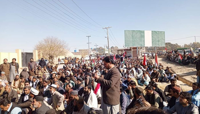 People are gathered in Pishin for a sit-in by PkMAP on December 19, 2023. — X/@AfghaNarrative