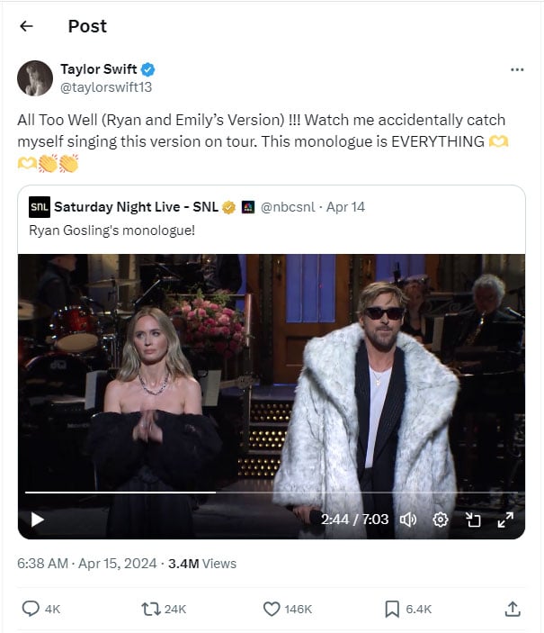 Taylor Swift Approves of Ryan Gosling's SNL's 