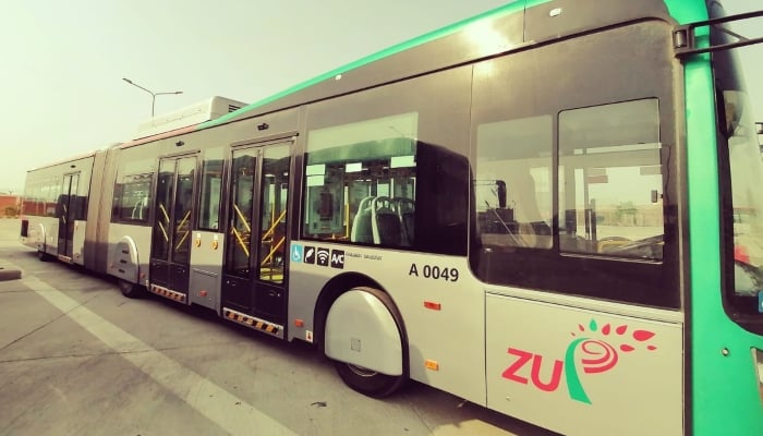 A BRT Peshawar bus is parked at a depot in Peshawar in this picture released on November 26, 2023. —X/@TransPeshawar