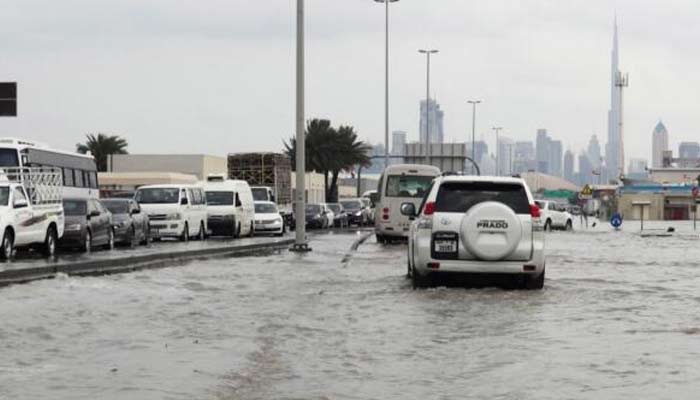 Cars stuck in rain at a Dubai road. — Khaleej Times