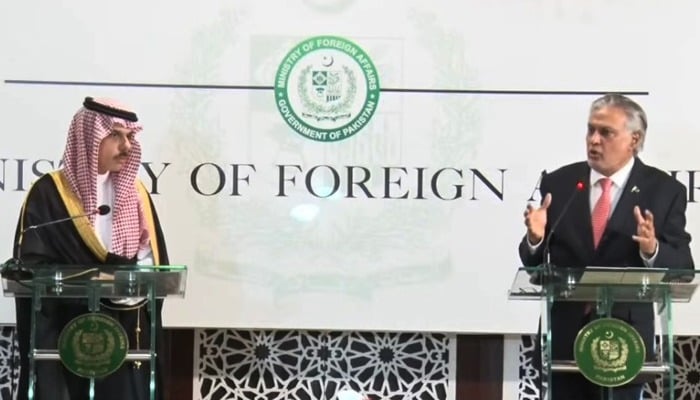 Foreign Minister Ishaq Dar (right) and his Saudi counterpart Prince Faisal bin Farhan bin Abdullah address the joint press conference in Islamabad on April 16, 2024. — Geo News