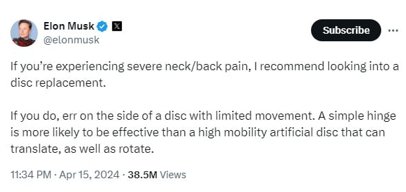 Elon Musk provides best cure for neck, back pain