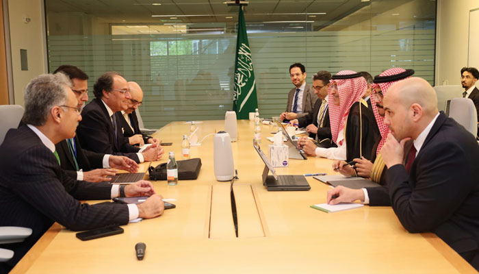 Pakistani delegation led by Minister of Finance Muhammad Aurangzeb (left) meets Saudi Foreign Minister Mohammad AL-Jadaan in Washington on April 16, 2024. — X/@Financegovpk