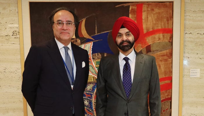 Finance Minister Muhammad Aurangzeb (left) poses for a photo alongside World Bank President Ajay Banga in Washington on April 17, 2024. — X/@Financegovpk